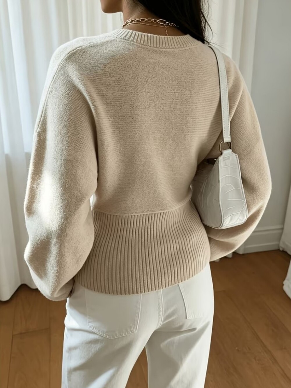 Style Belted Cardigan, Khaki V-Neck Waist-Cinching Lantern Sleeve Sweater - Picture 5 of 6
